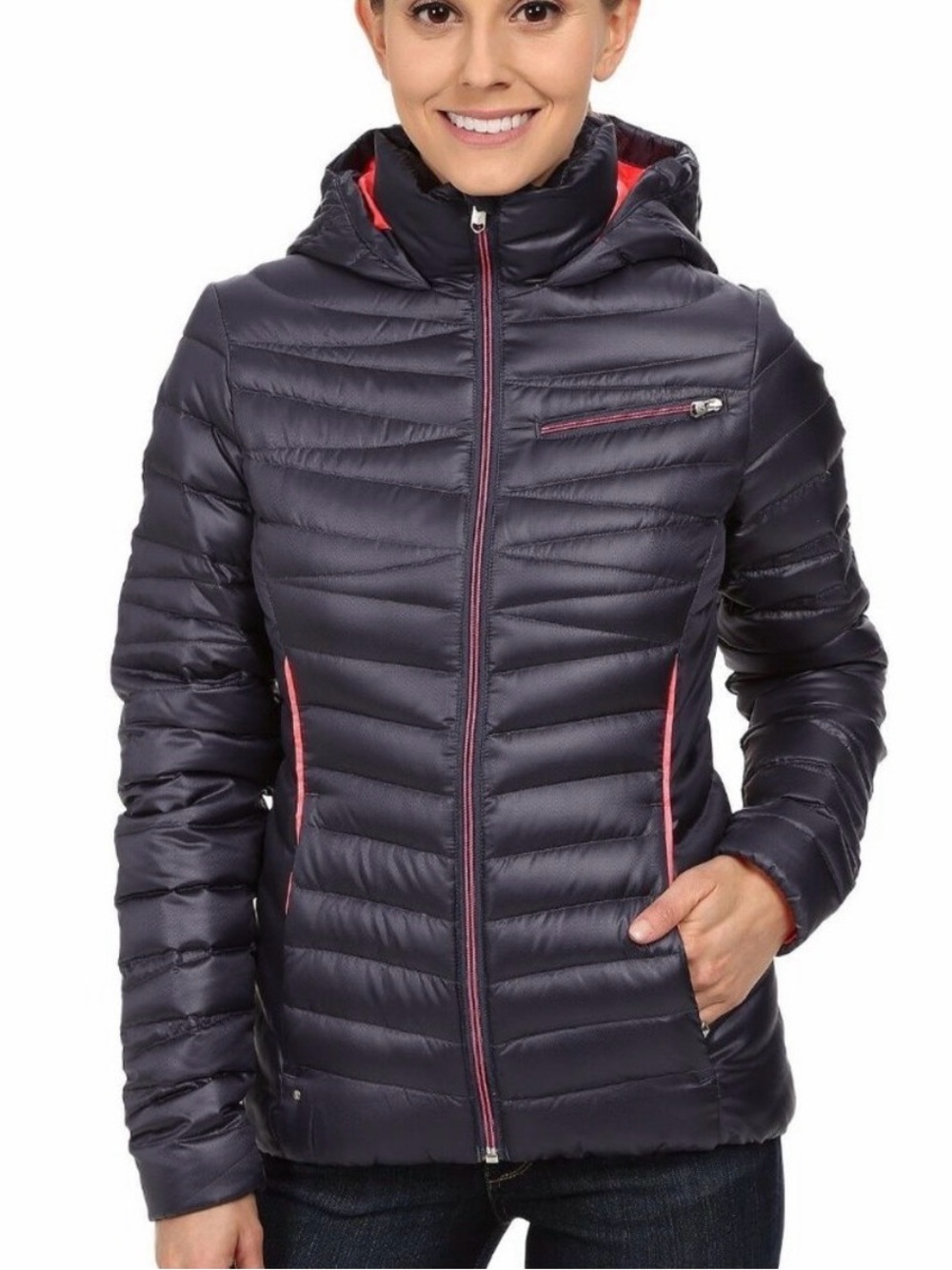 Spyder Timeless Down Hooded Packable Puffer Jacket Black Hot Pink Large